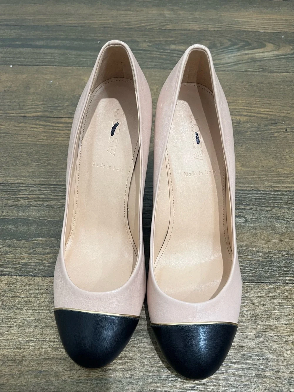 J. Crew Blush Pink & Black Leather Cap Toe Block Heel Pumps Sz. 7.5